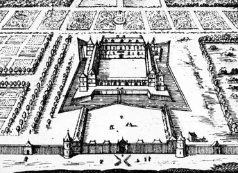 Ansicht der königlichen Jagdhütte in Versailles, wie sie in den späten 1620er und 1630er Jahren war, gebaut für König Ludwig XIII., 1652